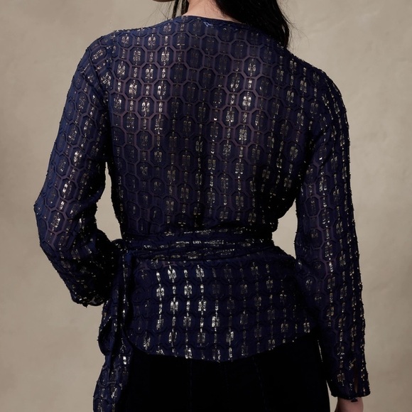 NWT Banana Republic Navy Aida Jacquard Wrap Top Size XXL​​​​​​​​ - Picture 3 of 4